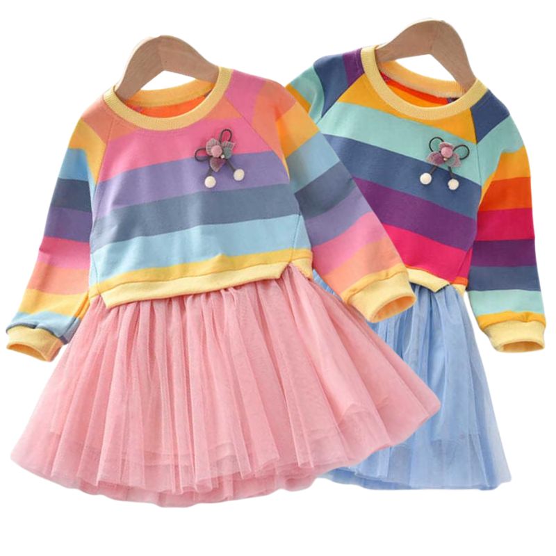 Vestido de princesa para niñas, suéter de otoño, vestidos tutú de gasa polar, ropa para niños, vestido de rayas de arco iris de manga larga para niñas