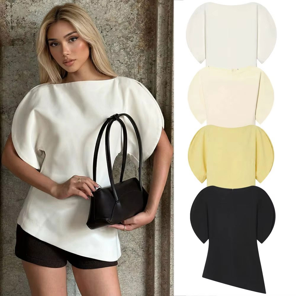 HH Damen Lässige Weite T-Shirts Asymmetrischer Saum Bluse Kurze Puffärmel Elegantes Damenhemd Sommer Party Urlaub Weiße Oberteile