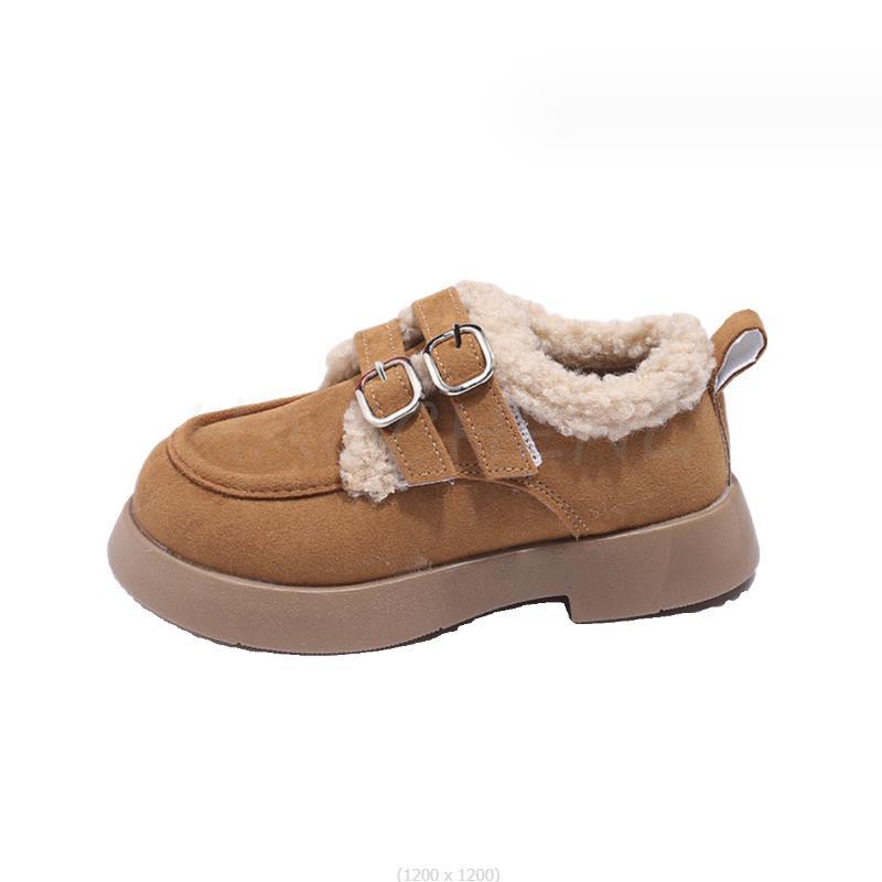 Sapatos de pelúcia monocromática feminina, apartamentos infantis, quente, estilo coreano, sapatos casuais princesa, fundo macio, peludo, algodão, crianças, outono, inverno