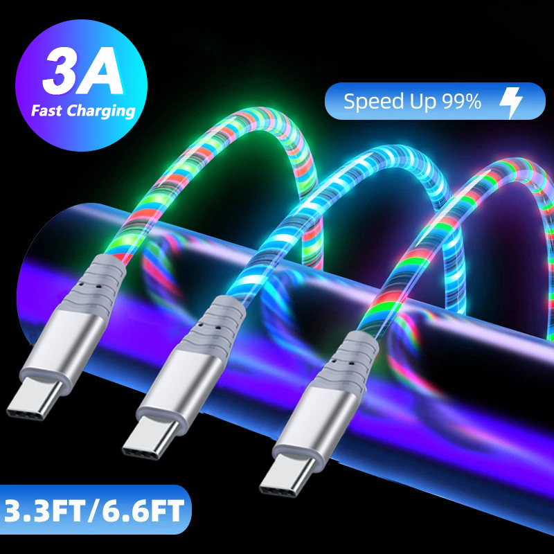 3A leuchtendes Kabel, fließendes LED-Licht, Micro-USB-Typ-C-Kabel für Samsung iPhone 13, Xiaomi, Huawei, Handy-Ladekabel