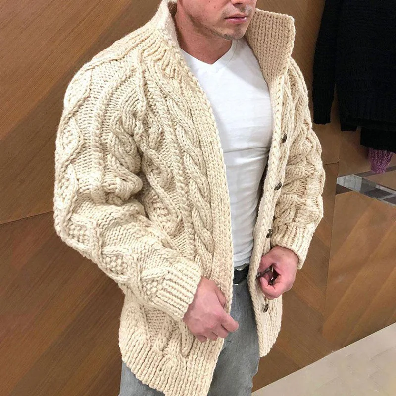 Cárdigan de punto para hombre de invierno, suéter de Jacquard trenzado cálido informal de manga larga de Color sólido para otoño, abrigos de moda para hombre