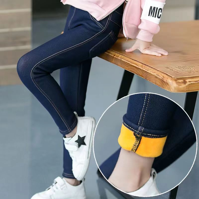 Meninas inverno cowboy denim calças compridas crianças engrossar casacos quentes magros leggings grossos com lã calças de cintura elástica