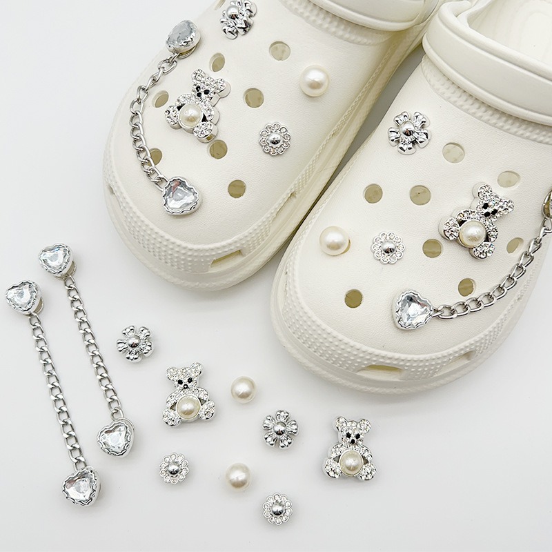10 pezzi di ciondoli per scarpe fai da te moda argento perla orso catena di diamanti decorazione per scarpe fibbia per accessori per scarpe con foro