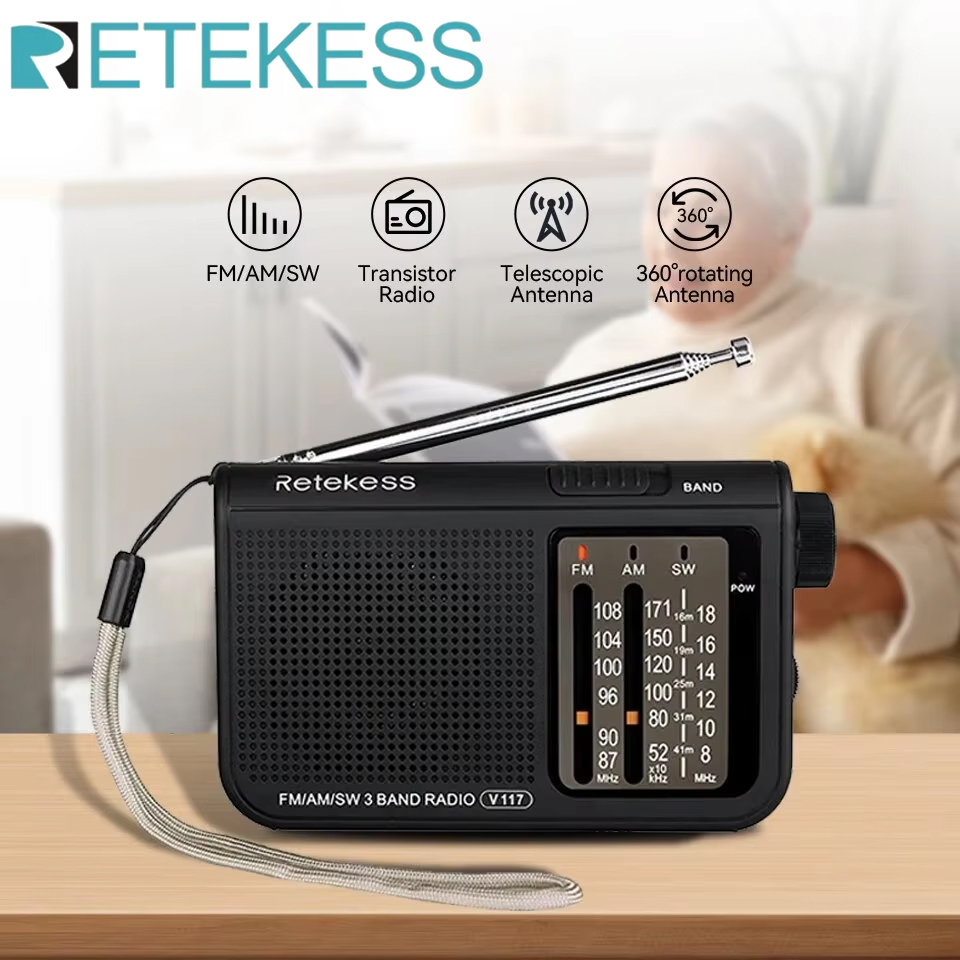 Retekess V117 Rádios analógicos AM FM Material ABS Rádio de ondas curtas com antena telescópica Botões grandes Ideal para ambientes internos e idosos