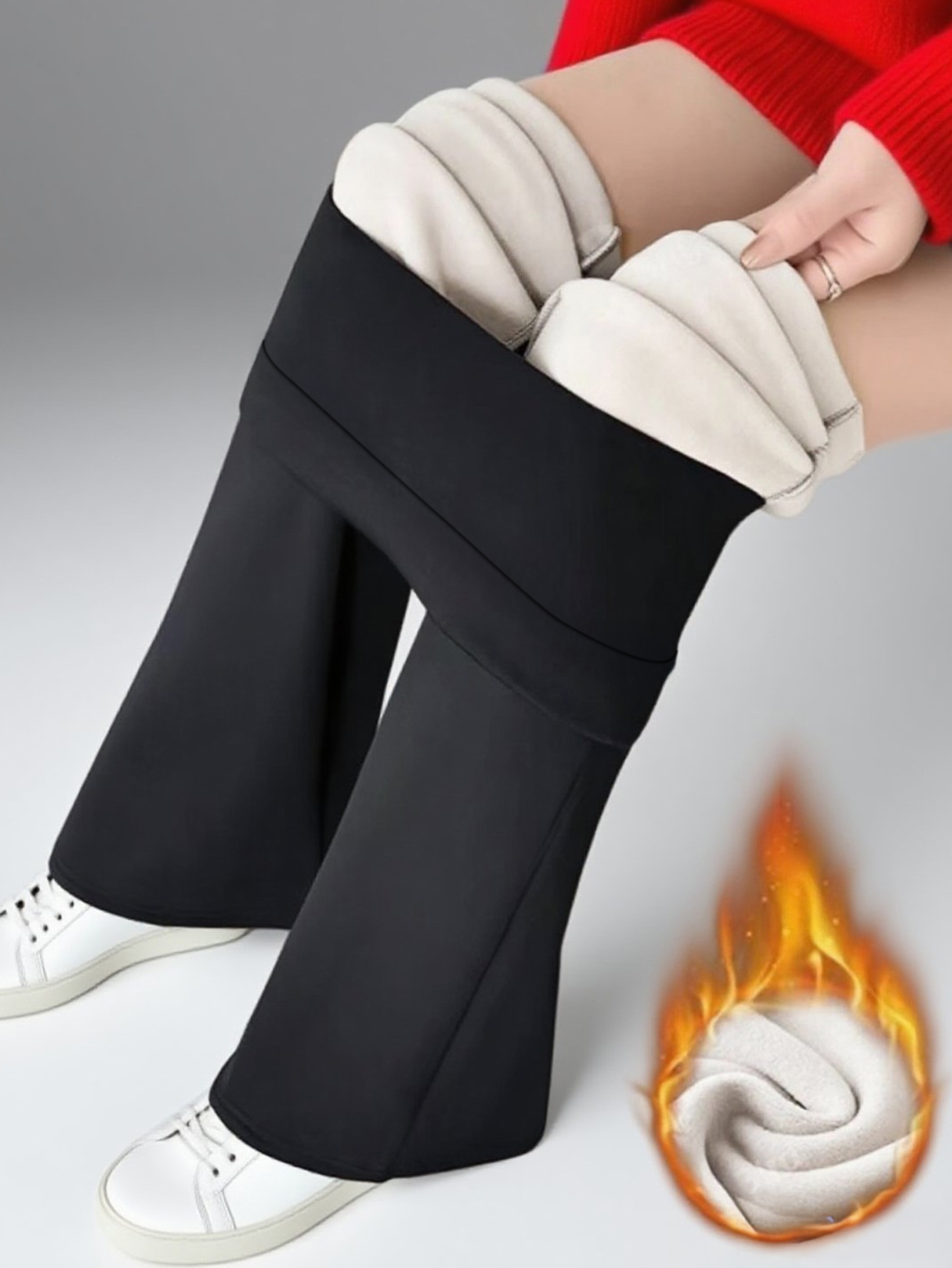 1 par de calças femininas forradas de lã preta com fundo de sino – calças grossas de inverno com forro de pelúcia, calças justas e quentes com forro de pelúcia