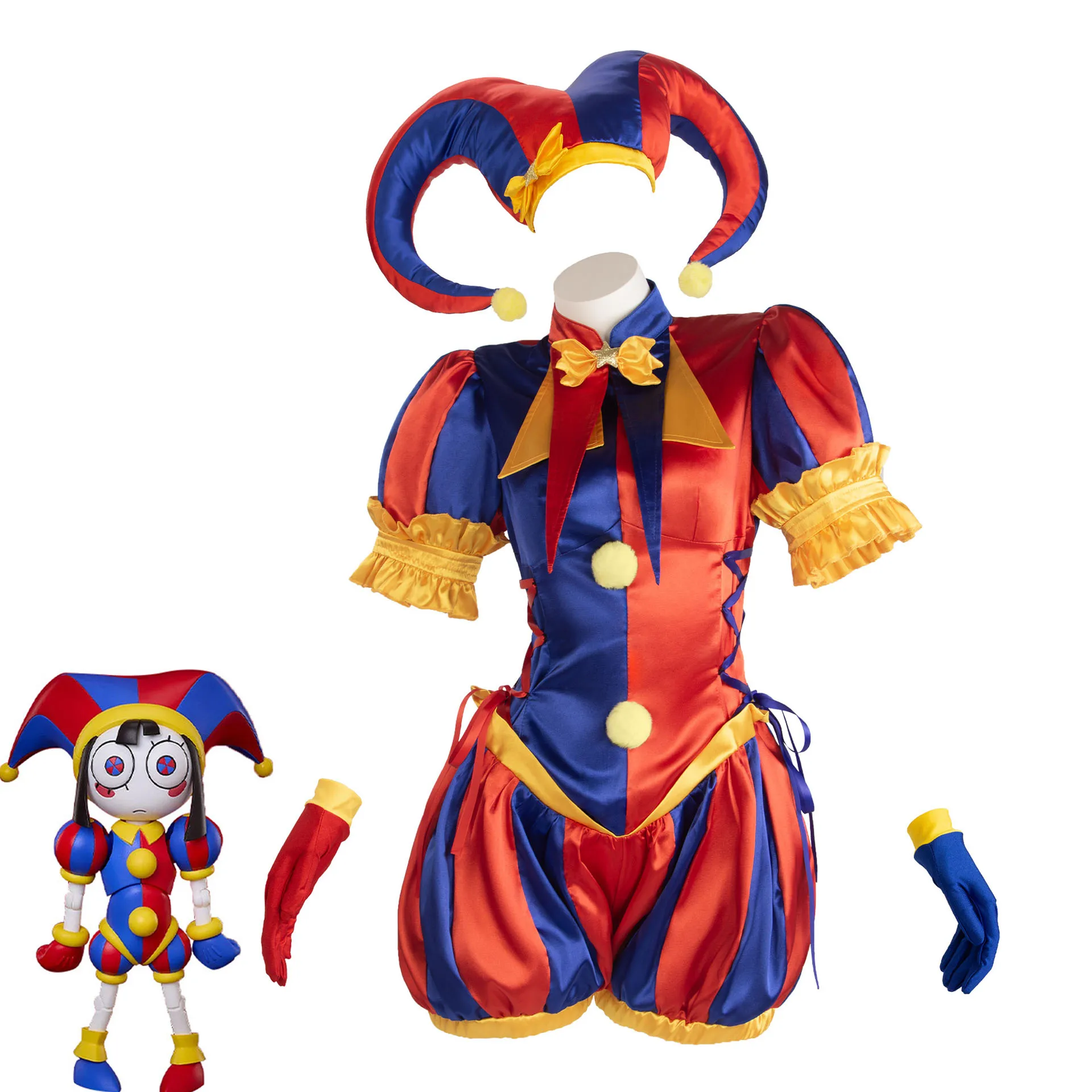 Pomni Jester Cosplay Costume Red Blue Satin Jumpsuit with Jester Hat Mismatched Gloves Women Halloween Party Circus Outfit