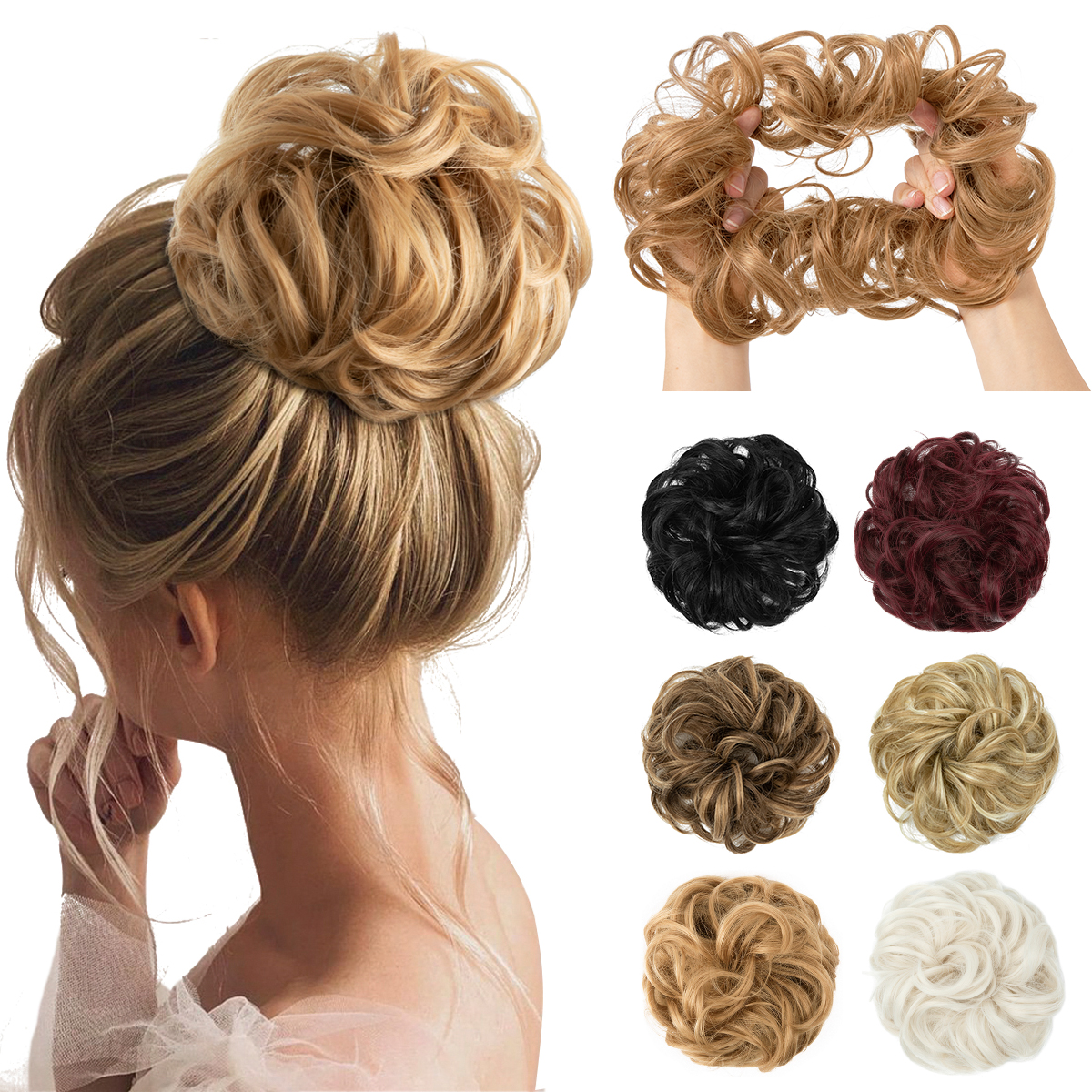 สังเคราะห์ Messy Updo Chignon Premium Big Curly ผม Scrunchies Hairpieces Donut Updo สีบลอนด์สีน้ําตาลชิ้นผมสําหรับผู้หญิง