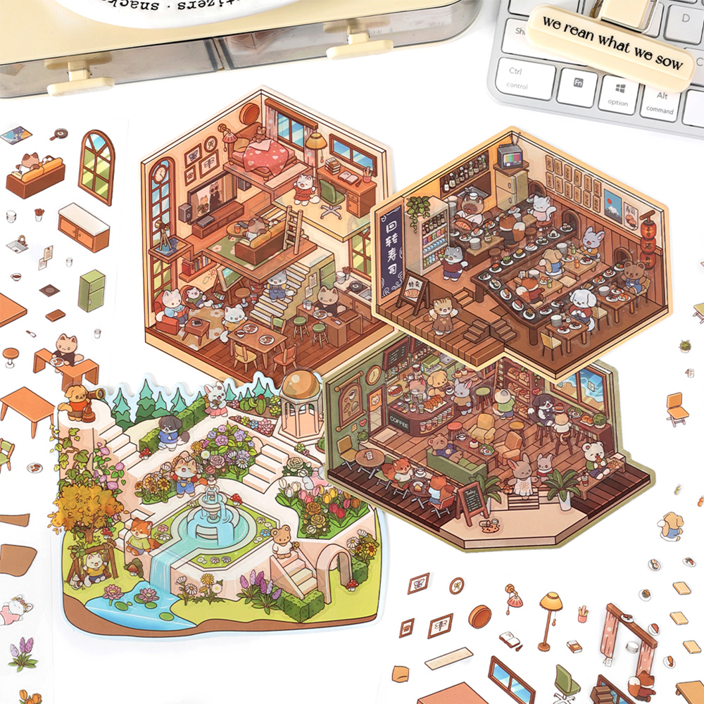 การ์ตูน Forest Village DIY 3D สติกเกอร์กระเป๋า Cabin ฉากซ้อนและวางเทศกาลของขวัญวันเกิดสําหรับเด็กนักเรียน