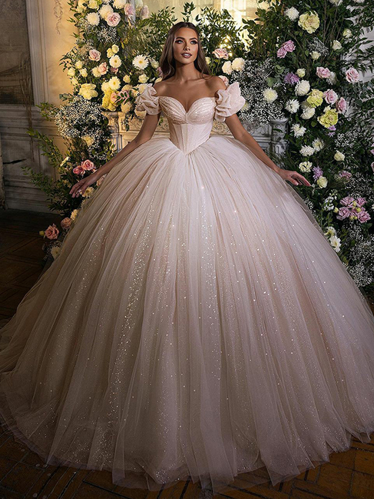 2023 Splendidi abiti da ballo Abito da sposa principessa Corsetto Collo a cuore Glitter Tulle Abiti da sposa Robe De Mariee Abiti da sposa