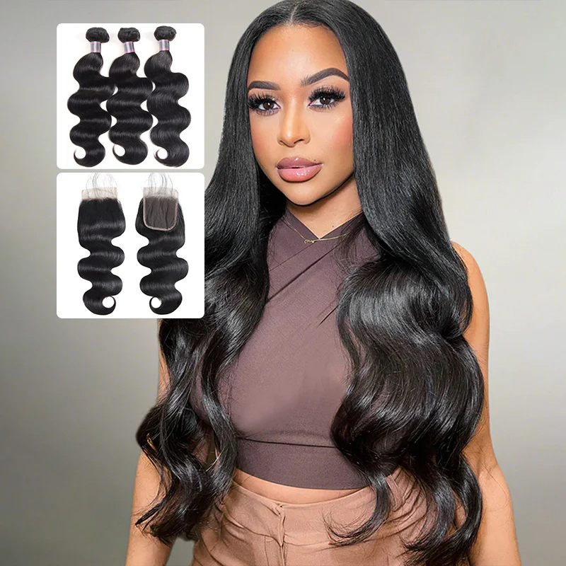 Extensiones de Cabello Humano Brasileño Virgen Ondulado con Cierre, Cabello Remy sin Procesar, 3/4 Paquetes con Cierre