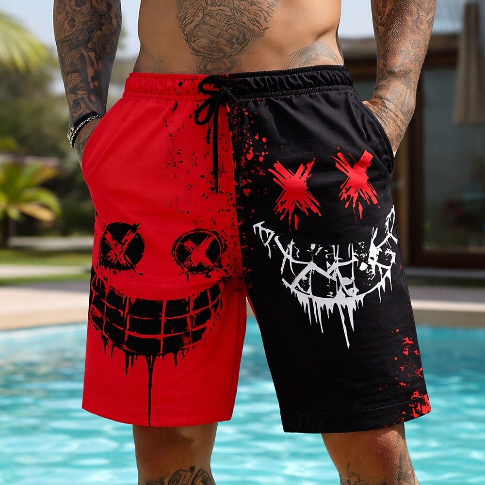 Herren-Shorts mit Cartoon-Smiley-Motiv, mittelhoher Taille, Vintage-Stil, Kordelzug, Seitentaschen, Alltagskleidung für Frühling und Sommer