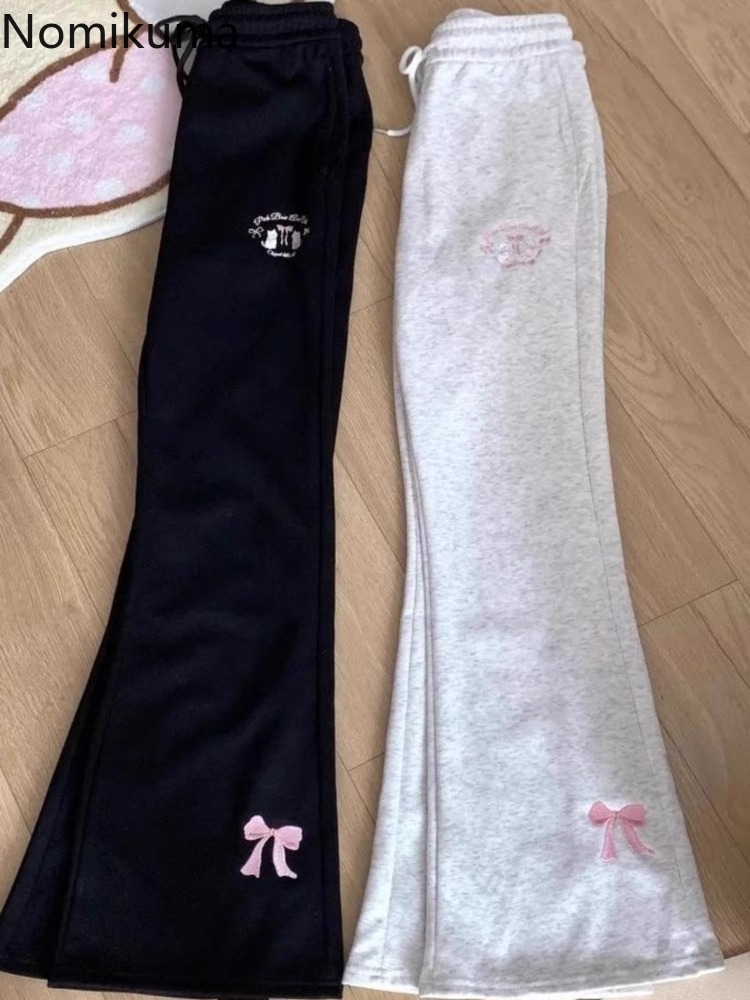 Calças japonesas flare para mulheres, cintura alta, moda pantalon femme, gato fofo, borboleta, bordado, calças justas, novas calças
