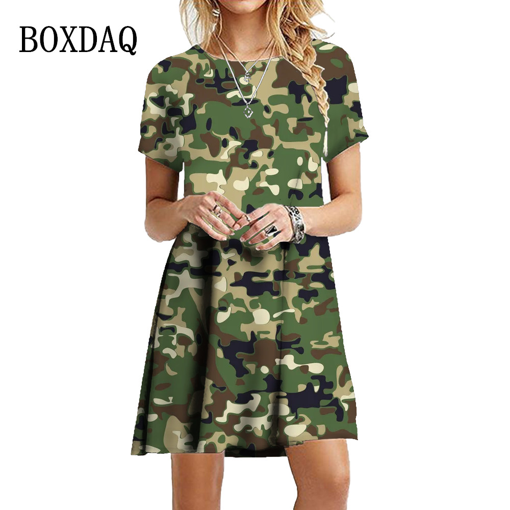 ทหาร Camouflage ชุดผู้หญิงฤดูร้อน2023แขนสั้น A-Line ชุดลำลองขนาดใหญ่มินิเสื้อผ้า Vestidos