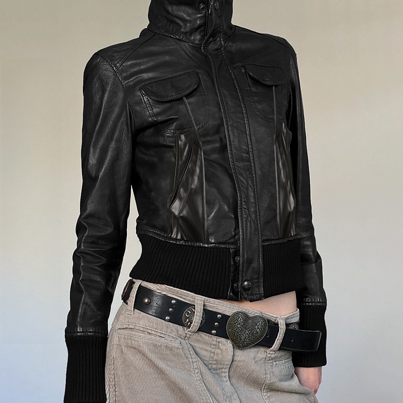 WEEKEEP Vintage Goddess Functional Sle Multi-Pocket Workwear Leather Jacket Women Autumn Winter Waist-Cinching Riding Short...