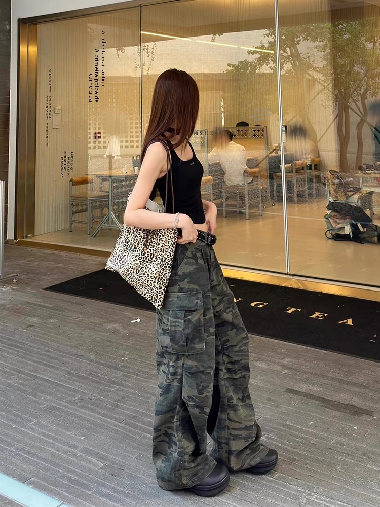 Calças Casuais de Trabalho em Camuflagem Retro Americana Plus Size para Mulheres, Jeans Largos de Cintura Alta com F de Z...