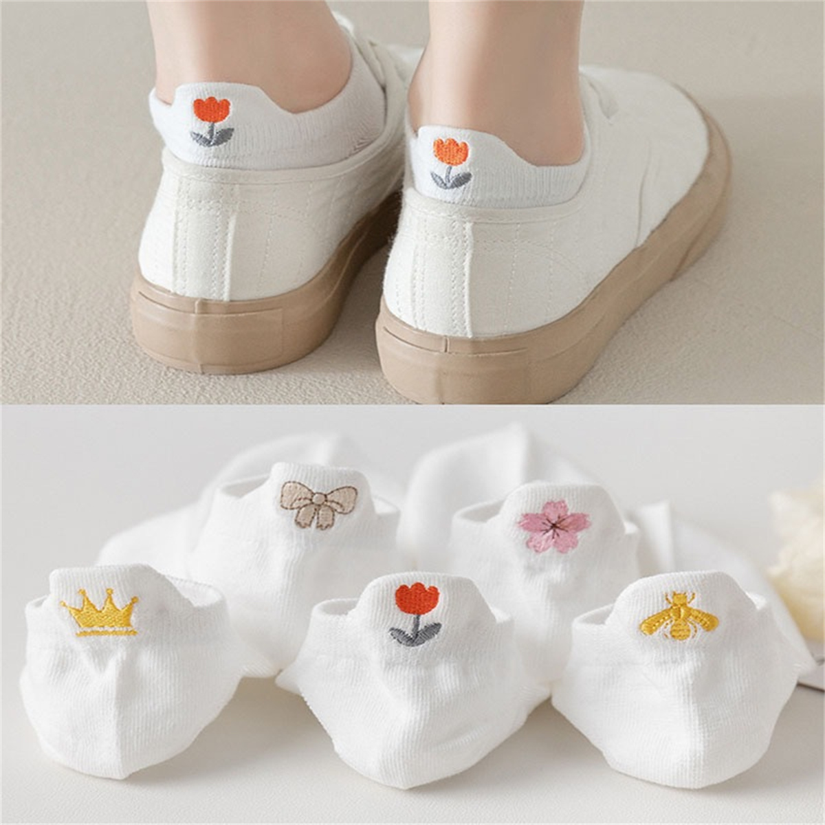 Dreamlikelin 5 Paare/los Gestickte Atmungsaktive Mesh Weiße Socken Weibliche Nette Krone Liebe Biene Sakura Bowknot Kurze Socken