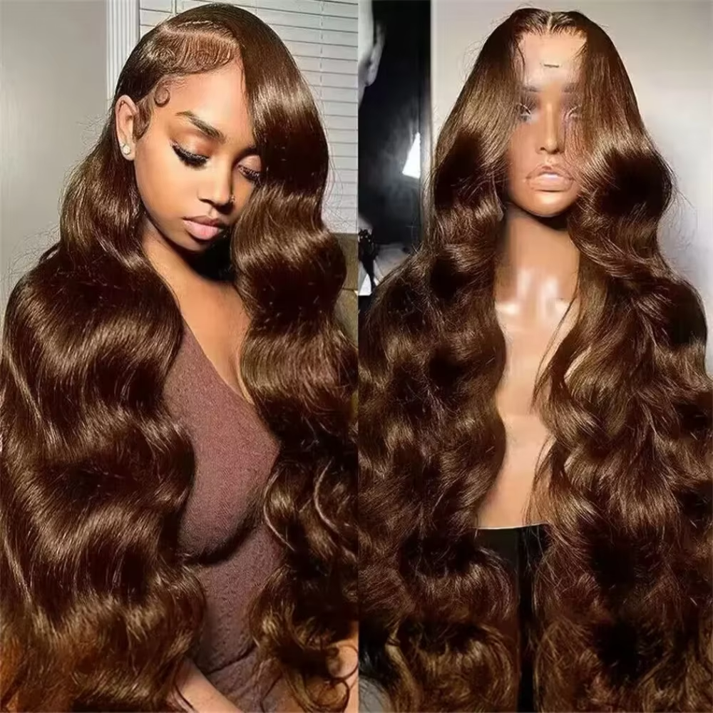 Peluca marrón Chocolate de 30 y 36 pulgadas, peluca de cabello humano con frente de encaje transparente 13x4, peluca de color brasileño de 200% de densidad para mujer