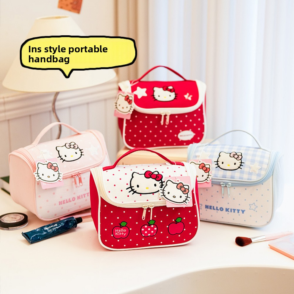 Zeer aantrekkelijke, grote Hello Kitty make-uptas met appelprint, duurzaam, geschikt voor reizen en zakenreizen, draagbaar