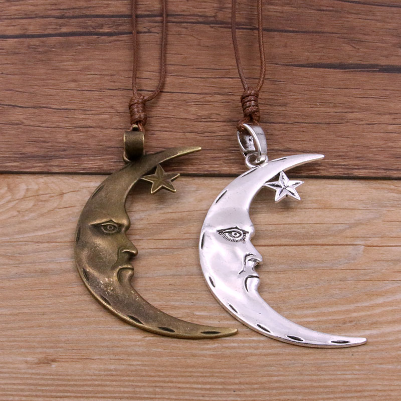 1 Uds. De dijes de luna de abuelo grande de 50x82mm, colgantes de estrellas hechos a mano con cordón de cuero para hacer collares de joyería DIY