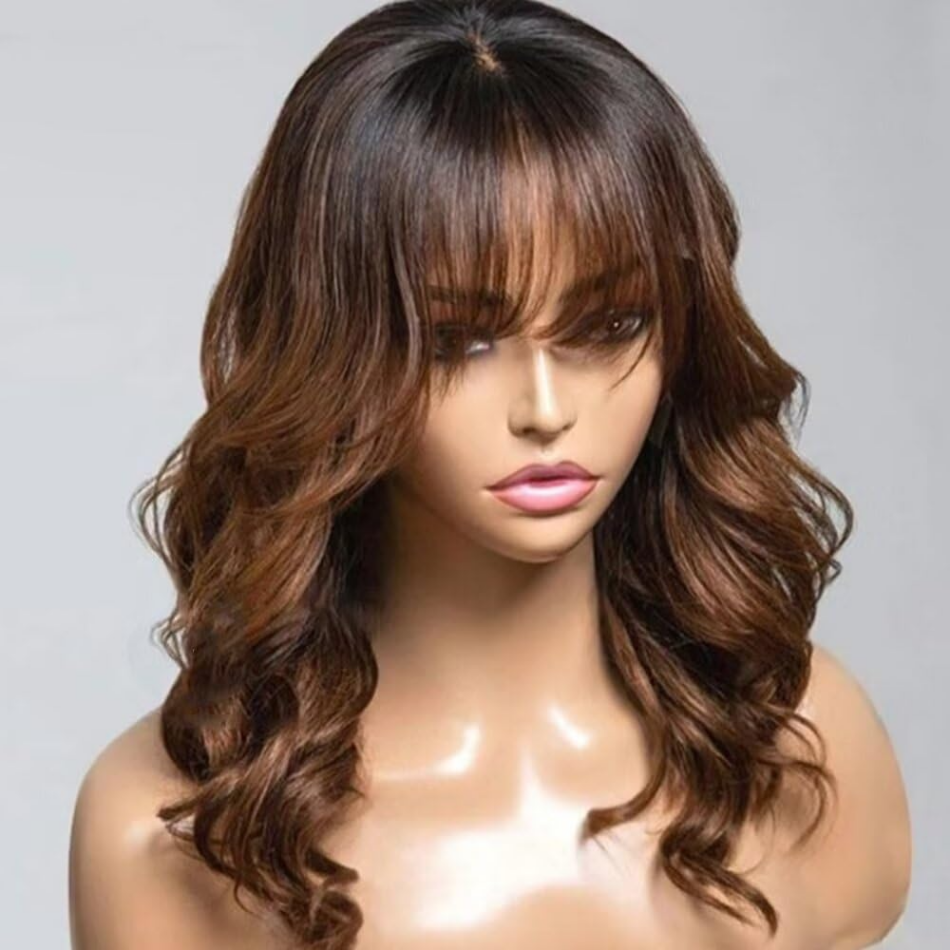 Ombre Braune, geschichtete, gewellte Echthaar-Perücke mit Pony, gewellt, 13 x 4 HD-Lace-Front-Perücke, 5 x 5 gebleichte Knoten, farbig, 310 Dichte