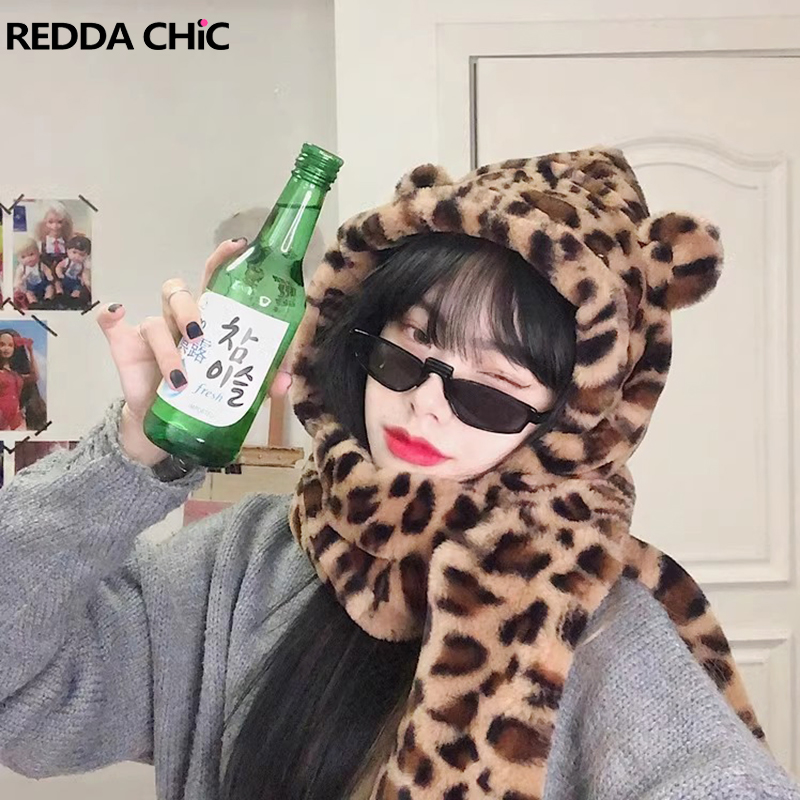 REDDACHiC Women Leopard Print Hooded Scarf Faux Fur Teddy Plush Beanie Bear Ears Balaclava Retro Y2k Winter Hat Chunky Snow Cap