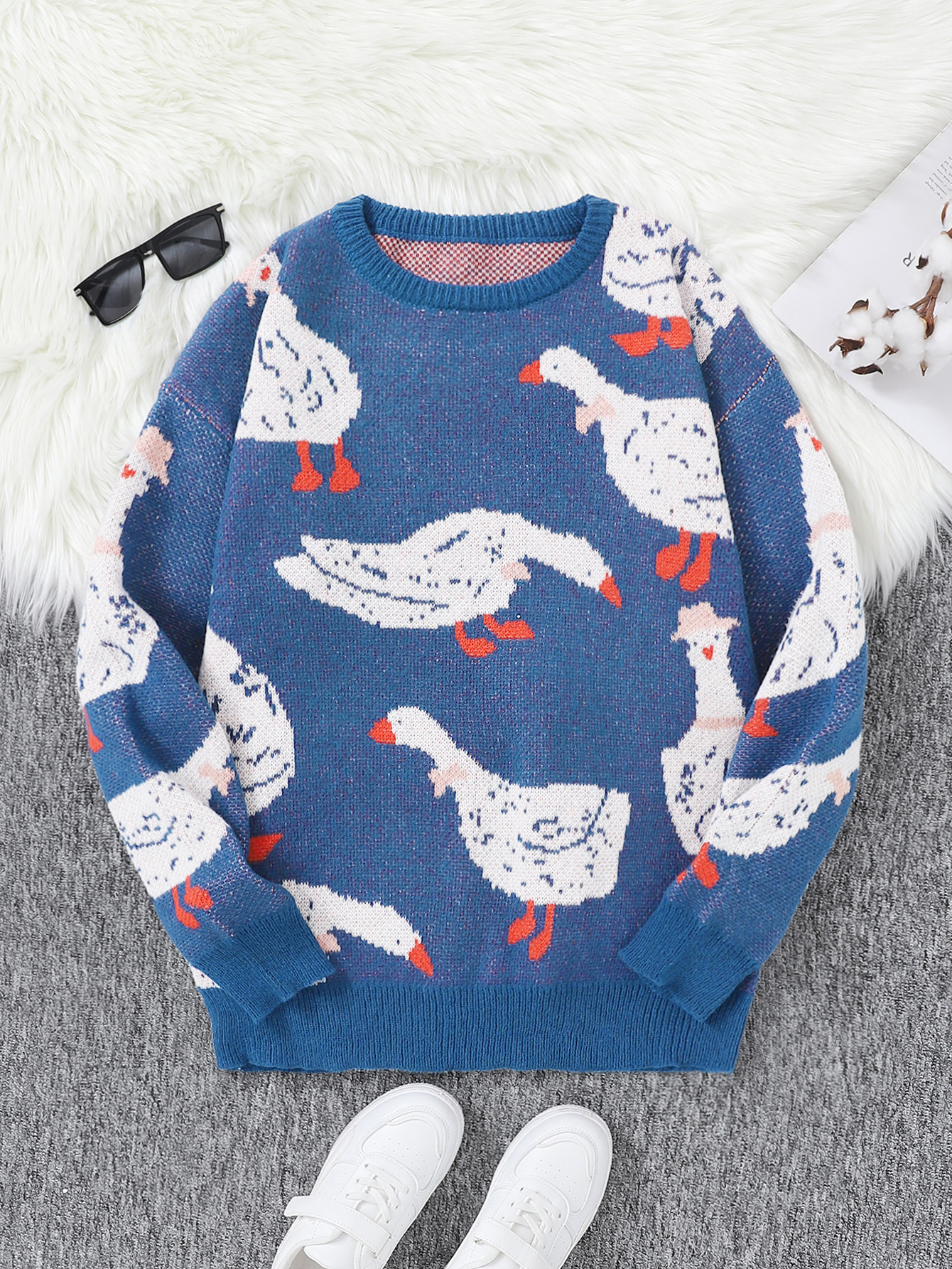 Novo popular outono inverno bonito pato jacquard padrão pulôver camisola casual em torno do pescoço contraste cor de malha pulôver masculino