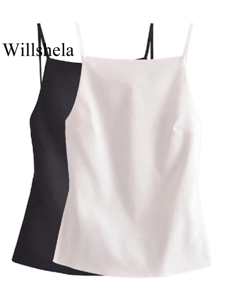 Willshela moda feminina sólida rendas até sem costas camisola vintage alças finas gola quadrada feminino chique senhora topos