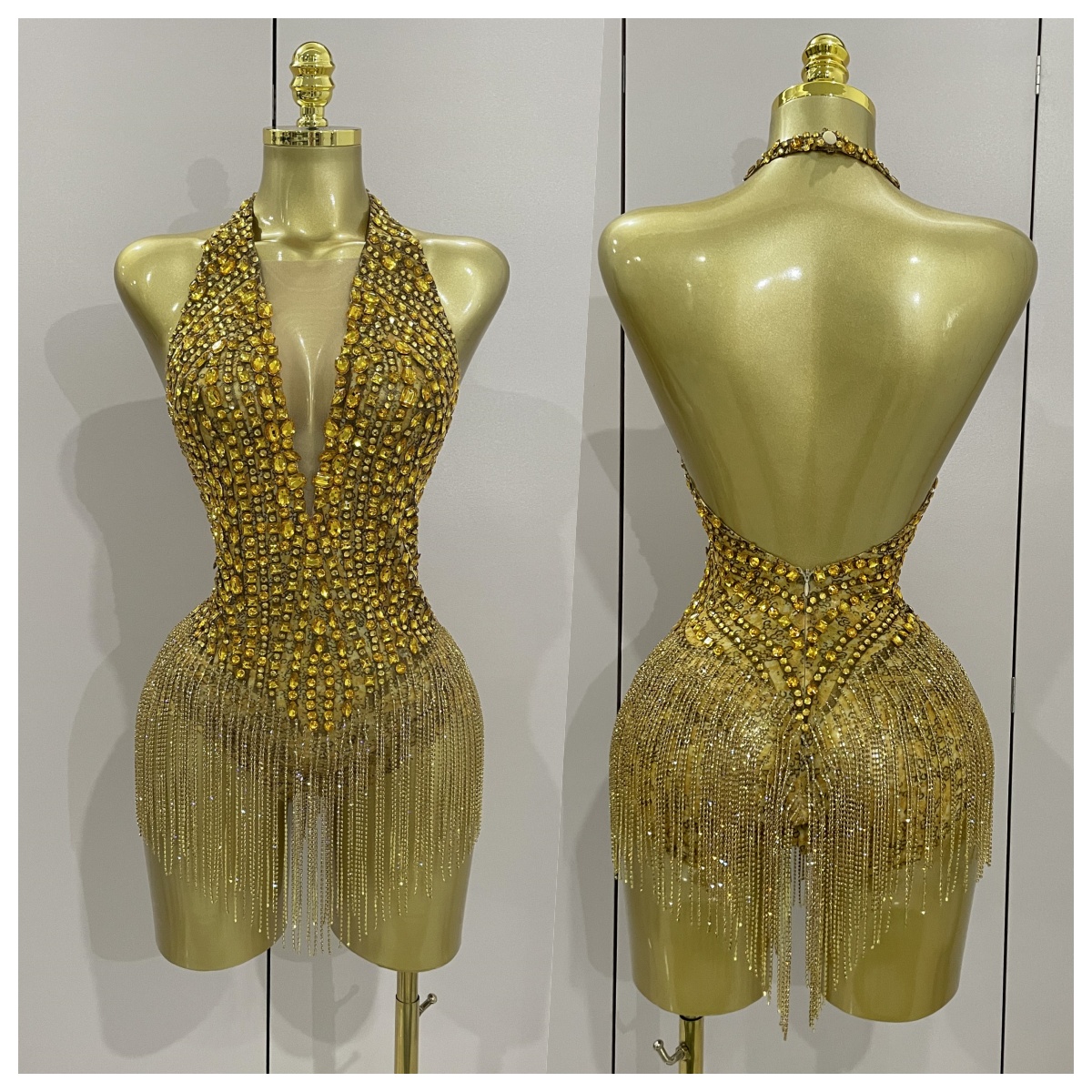 Body elasticizzati in rete sexy con strass dorati di lusso Donna Ballerino di compleanno Performance Stage Wear Nightclub Team Hotwife Outfit