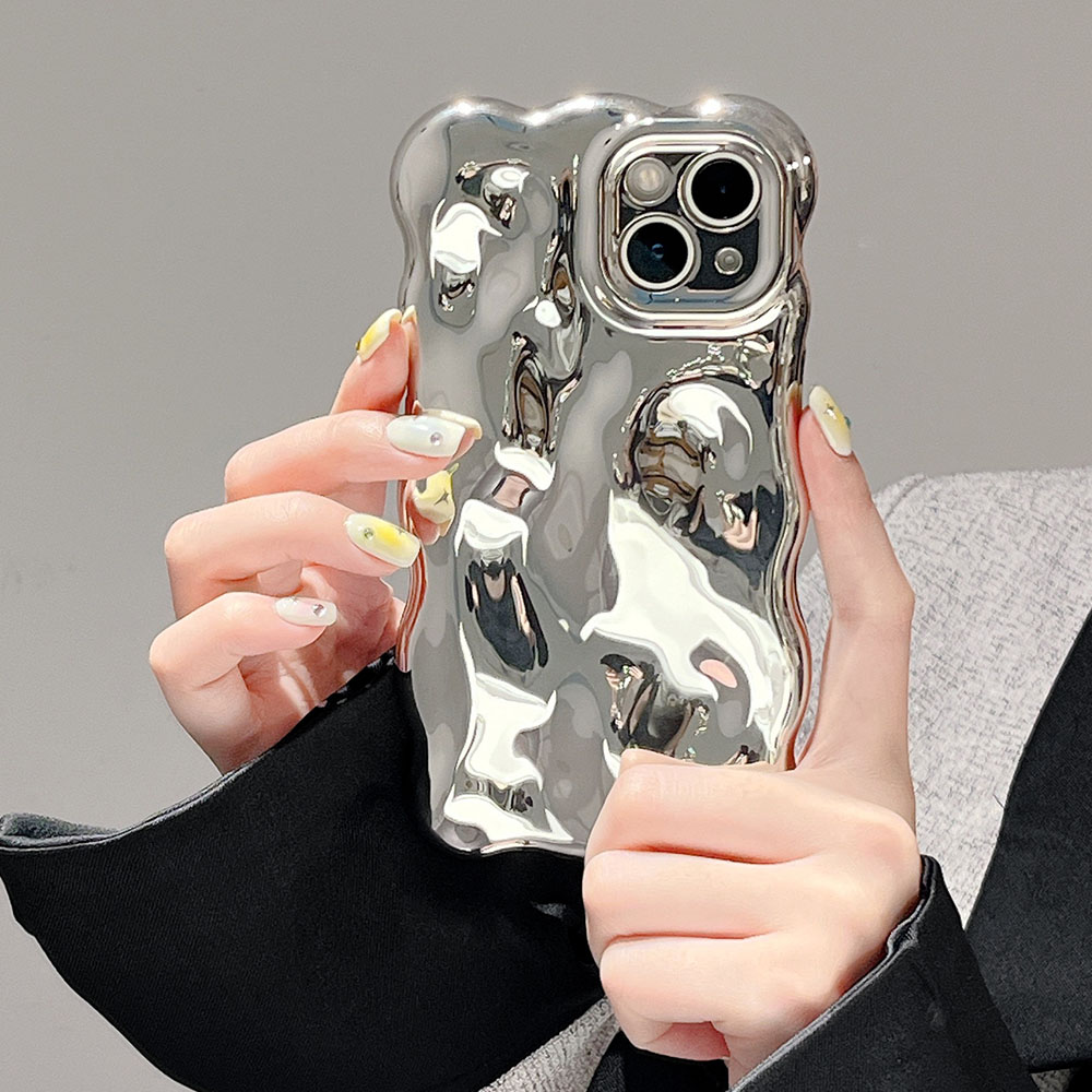 Funda trasera de teléfono plateada con textura de meteorito 3D ondulada para iPhone 11 12 13 14 15 16 Pro Max, fundas protectoras para lentes de cámara