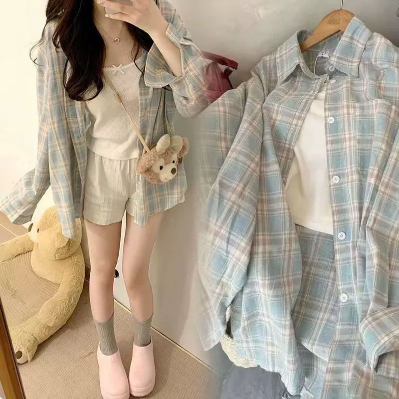 Chemises à carreaux amples style Harajuku pour femme, manches longues, style décontracté, blouses décontractées vintage, chemise polyvalente pour étudiantes