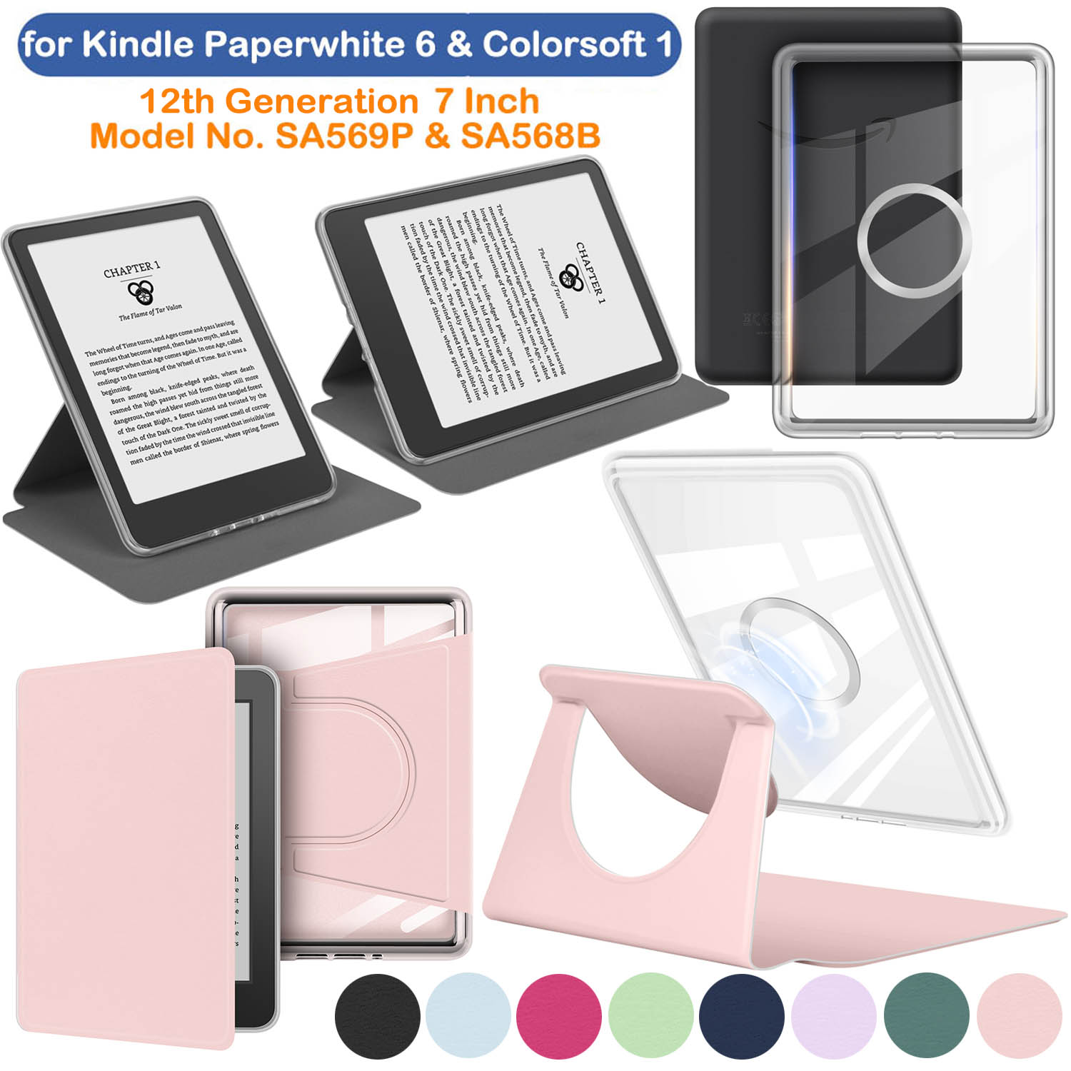 Etui voor Kindle Paperwhite Colorsoft 2024 12e generatie 7 "360 °   Rotatie acryl magnetische afneembare standaard SA569P SA568B