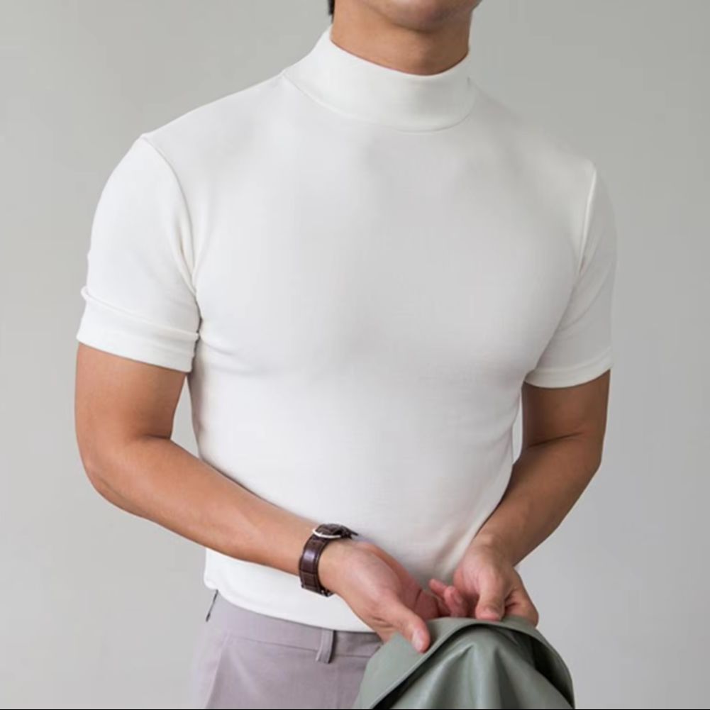 2025 base masculina topo macio respirável meia gola alta camiseta básica masculina verão semi alta pescoço fino ajuste base de manga curta