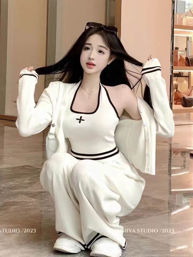 Streetwear dzianiny 3 częściowy zestaw kobiet z długim rękawem sweter płaszcz + spodnie Camisole zestawy wiosna moda Casual trzy wieloczęściowe kombinezony
