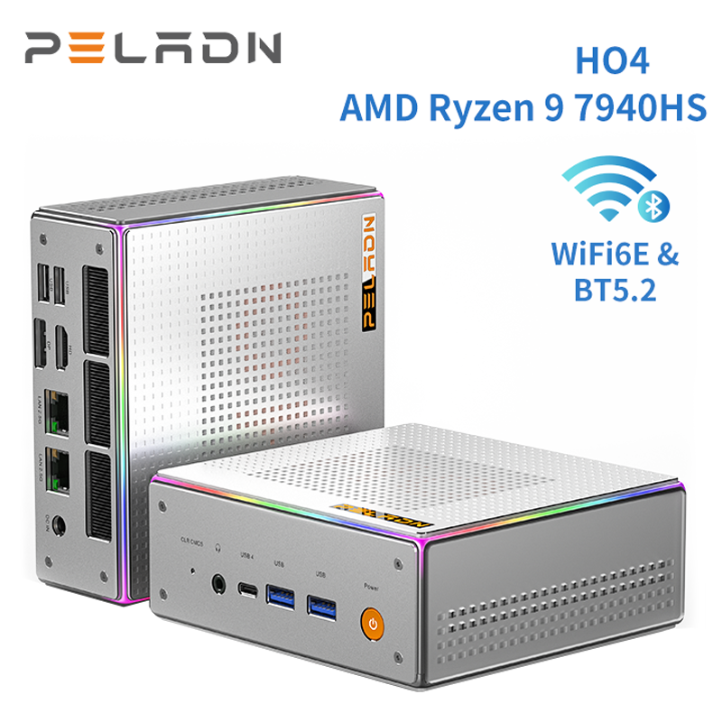 Mini PC PELADN, Ryzen 9 7940HS (8C/16T, jusqu'à 5,1 GHz) Radeon 780M 16 Go de RAM DDR5 5600 MHz, SSD 1 To, 4K HD, BT5.2, double HD, WiFi6 2
