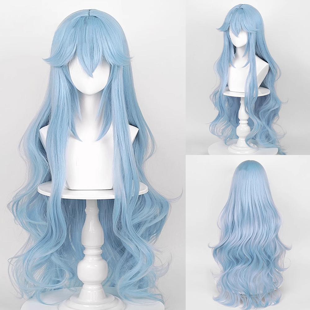 Lange golvende synthetische blauwe vrouwenpruik met pony Pluizige Anime Game Cosplay Hittebestendige pruik voor dagelijks feest