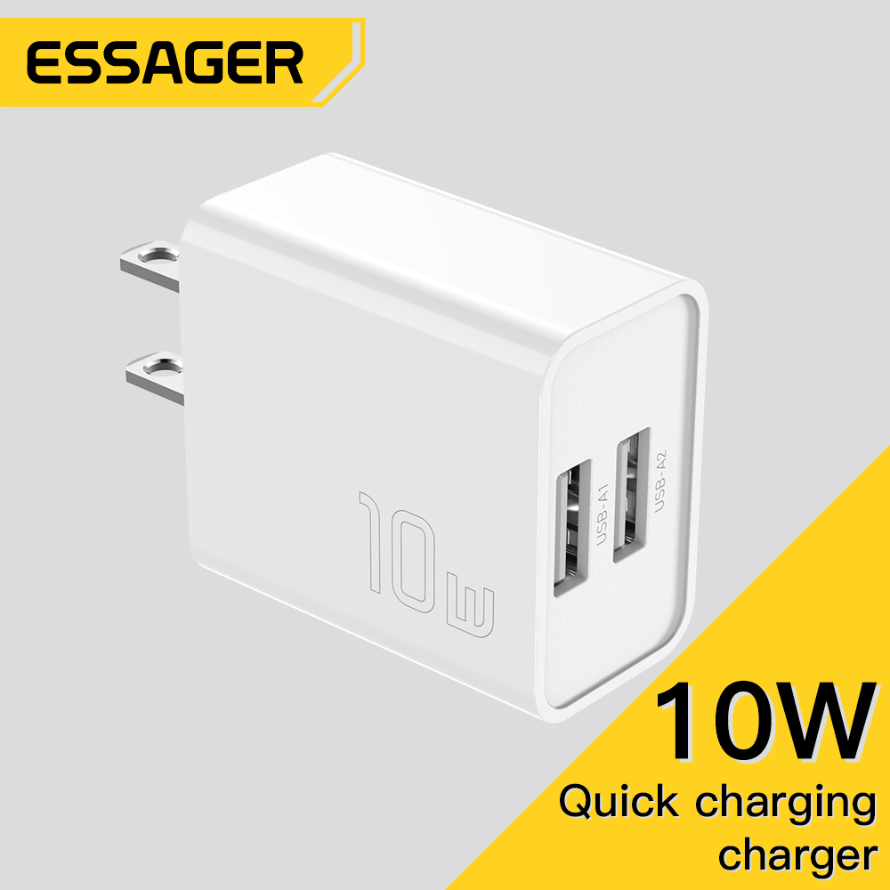 Essager ชาร์จโทรศัพท์ Dual USB 10W US ปลั๊กชาร์จแบบพกพา Travel Wall Charger Adapter สําหรับ iPhone 14 13 PRO MAX Xiaomi Huawei