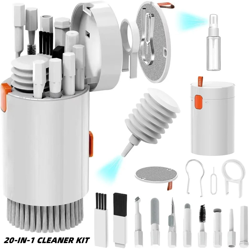 Appareil photo numérique multifonctionnel, casque, téléphone portable, ordinateur portable, clavier, livres, ensemble d'outils, brosse, stylo propre, 20 en 1