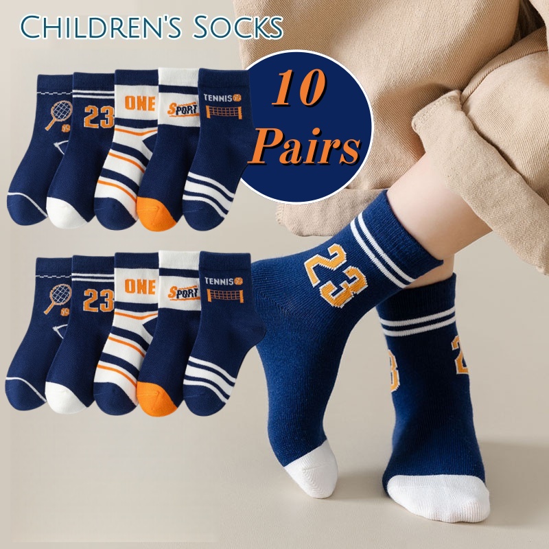 10 Pasang Kaus Kaki Olahraga Anak Laki-laki Kaus Kaki Setengah Betis Motif Angka Tenis Anak-anak Katun Lembut Kaus Kaki Harian Sekolah Anak-anak yang Bernapas