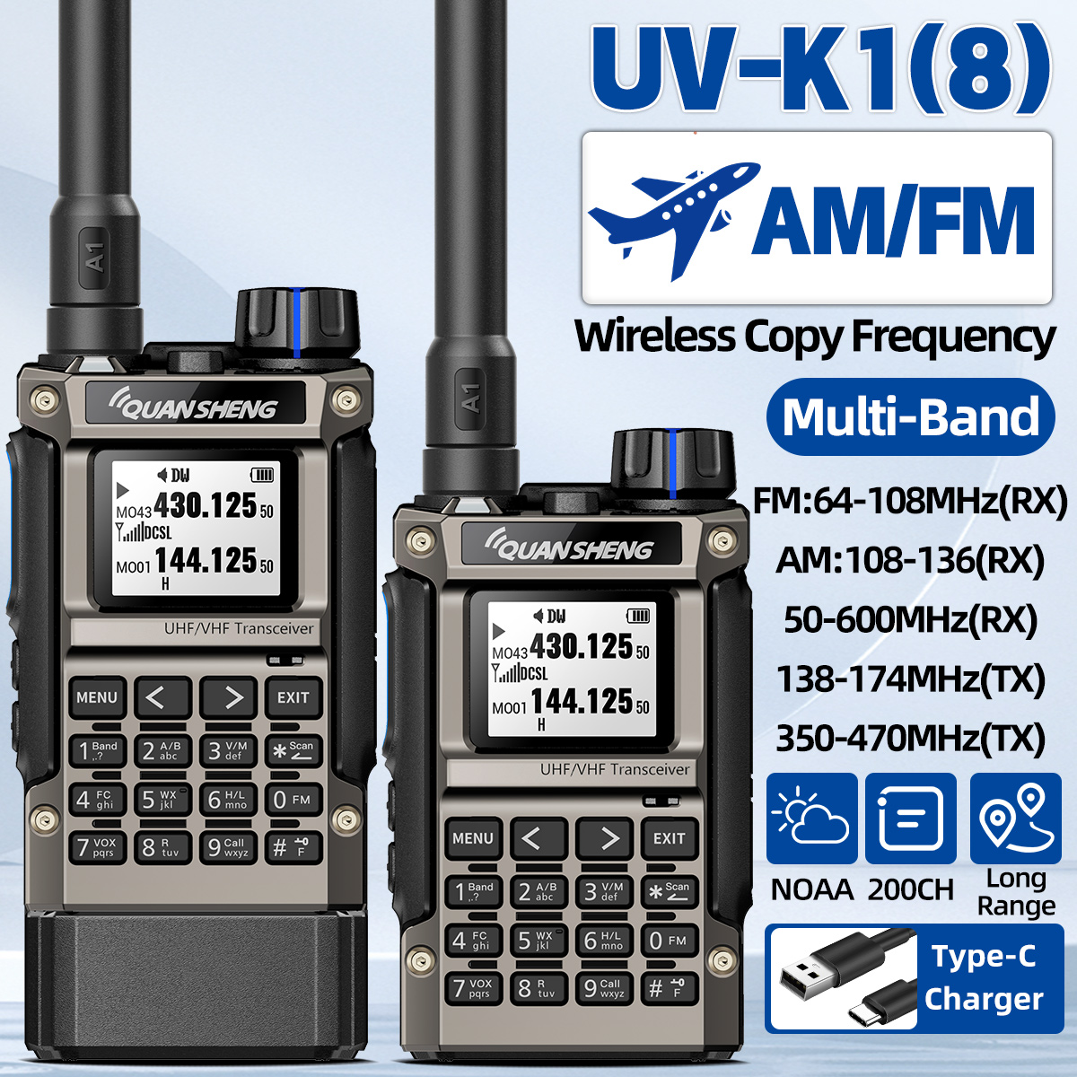 Quansheng UV-K1(8) Walkie Talkie AM/FM multibanda frecuencia de copia inalámbrica cargador tipo C de largo alcance para Camping UVK5 K6 Ham Radio