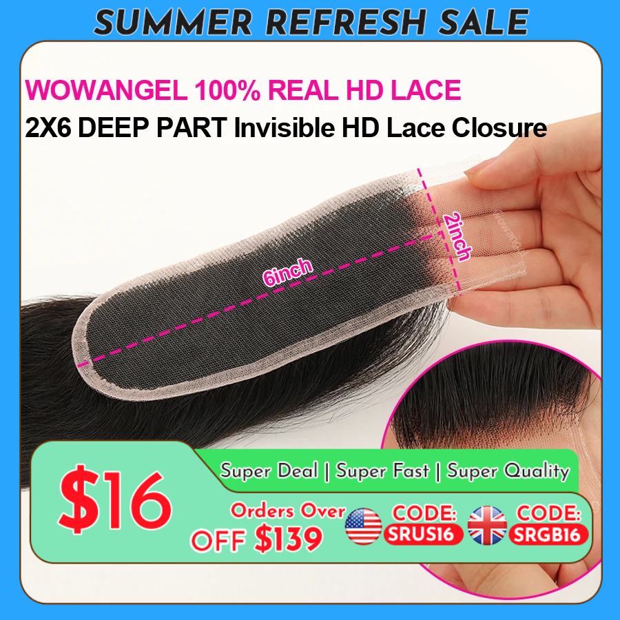 WOWANGEL 2x6 séparation profonde HD dentelle fermeture frontale seulement peau fondu cheveux raides Kim K fermeture pré plumée vierge cheveux pour femme