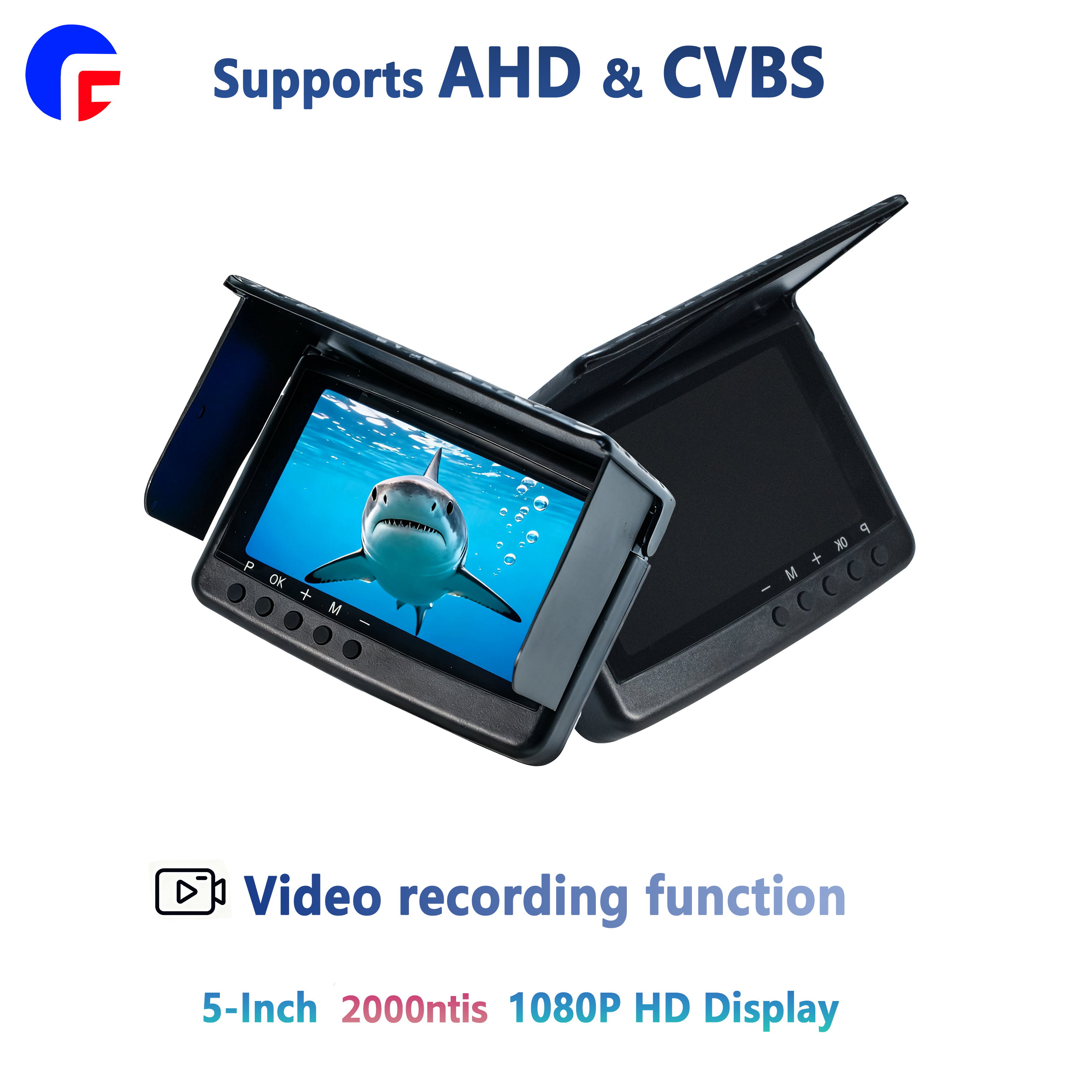 Câmera de Pesca Subaquática com Display |   Tela HD de 5 Polegadas 1080P, Sinais Duplos AHD/CVBS, Gravação de Vídeo, Conector para Fone de Ouvido de 3,5mm