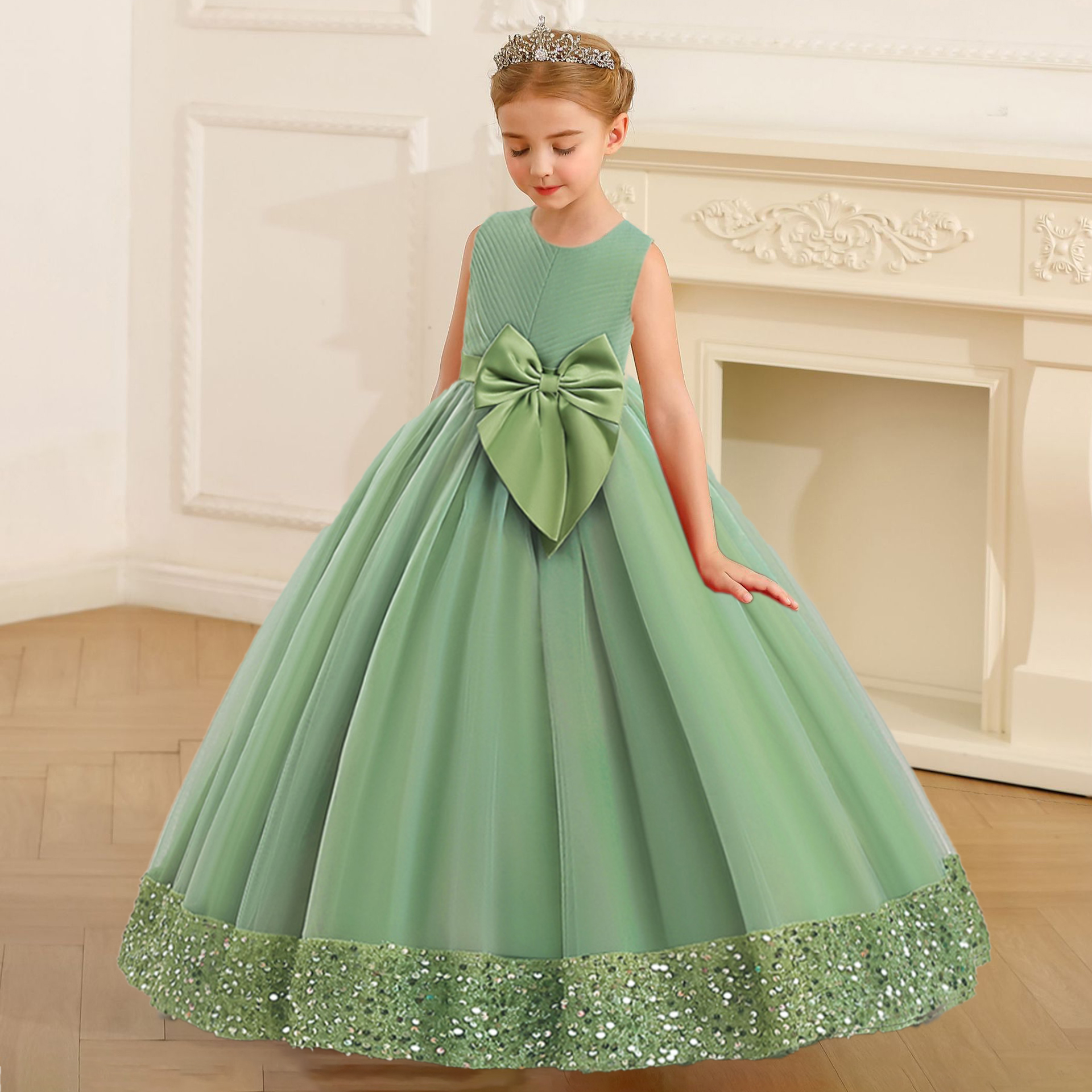 Fluffy Sequin Bridemaid Princess Girls Dress Elegant Bow Pink Wedding Prom Evening Kids Party Dresses for Girl Birthday Costumes