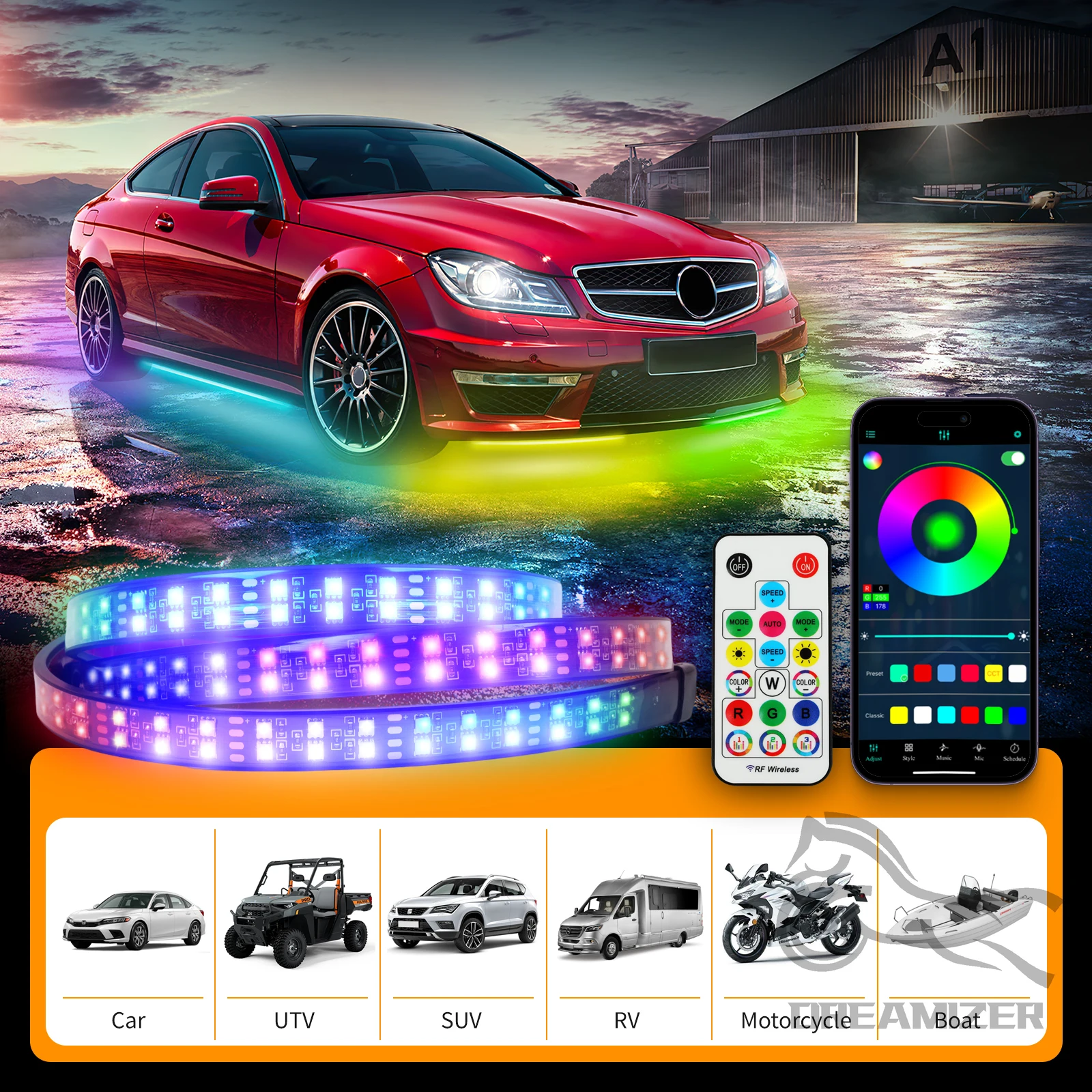 6PCS 12V ไหลสี RGB LED Strip ภายใต้รถนีออน 60*150 BT App ควบคุมรถผลิตภัณฑ์ Underglow Light App Control