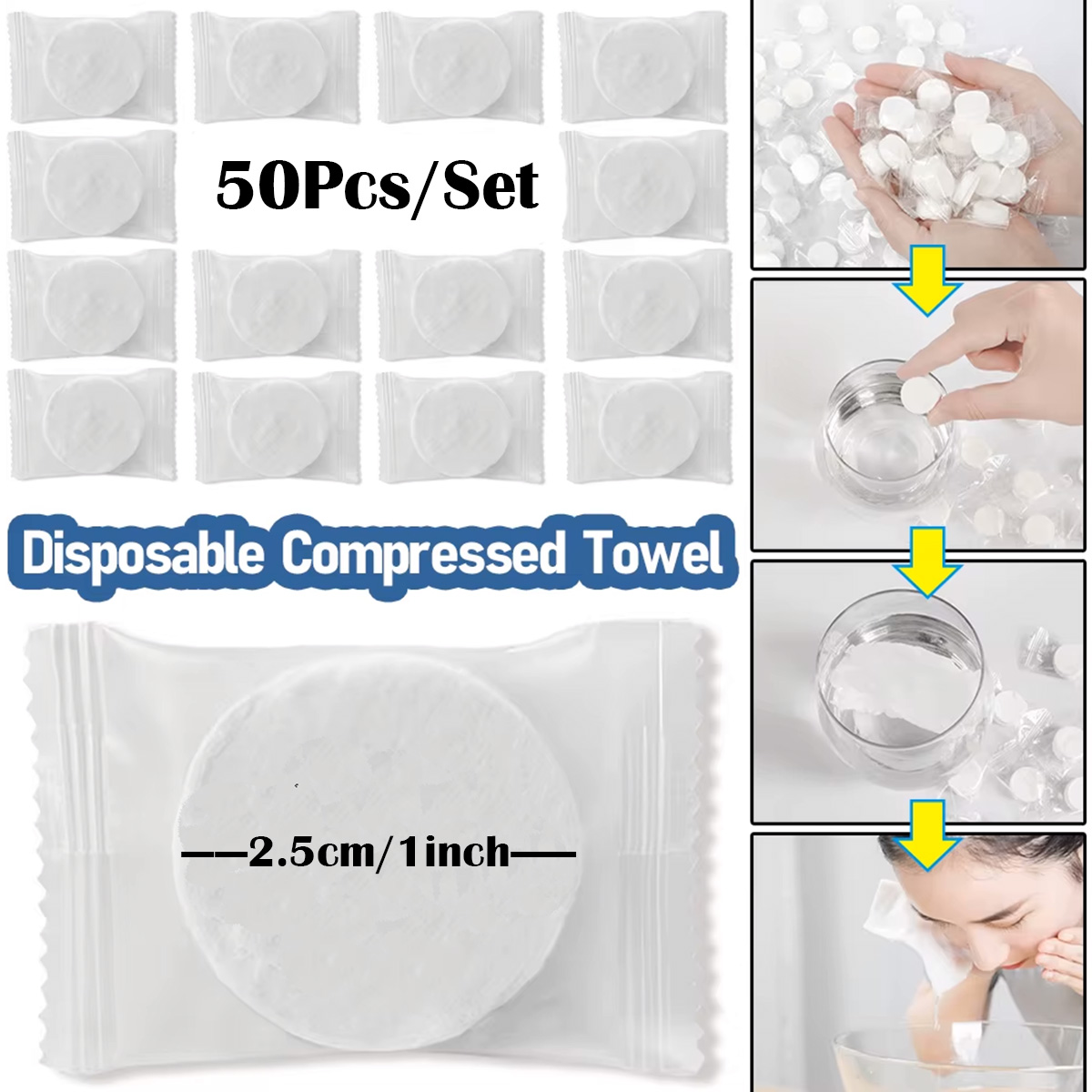 50 toallas comprimidas envueltas individualmente, toallas gruesas para uso en seco y húmedo, portátiles para viajes, camping y hogar.