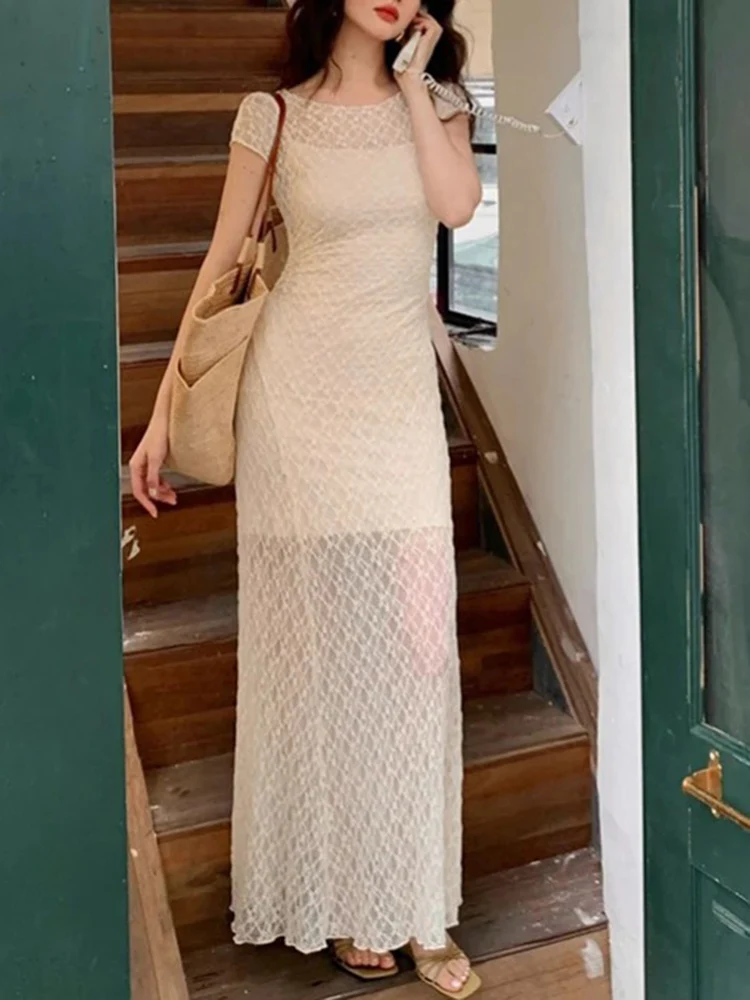 Retro Fashion Beach Vacation women's Waist Wrap manica corta in Chiffon Set Dress French Elegant Lady Mesh Sling Dress Set di due
