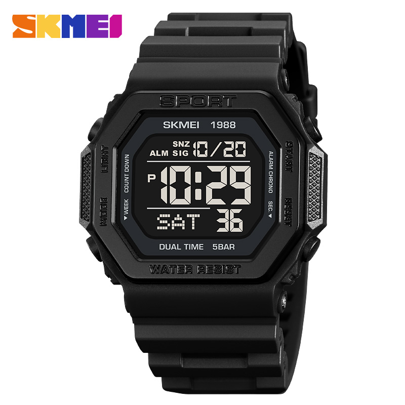 Skmei 1988 relógio esportivo digital para homens display led militar contagem regressiva relógios de pulso à prova dwaterproof água dos homens despertador reloj hombre