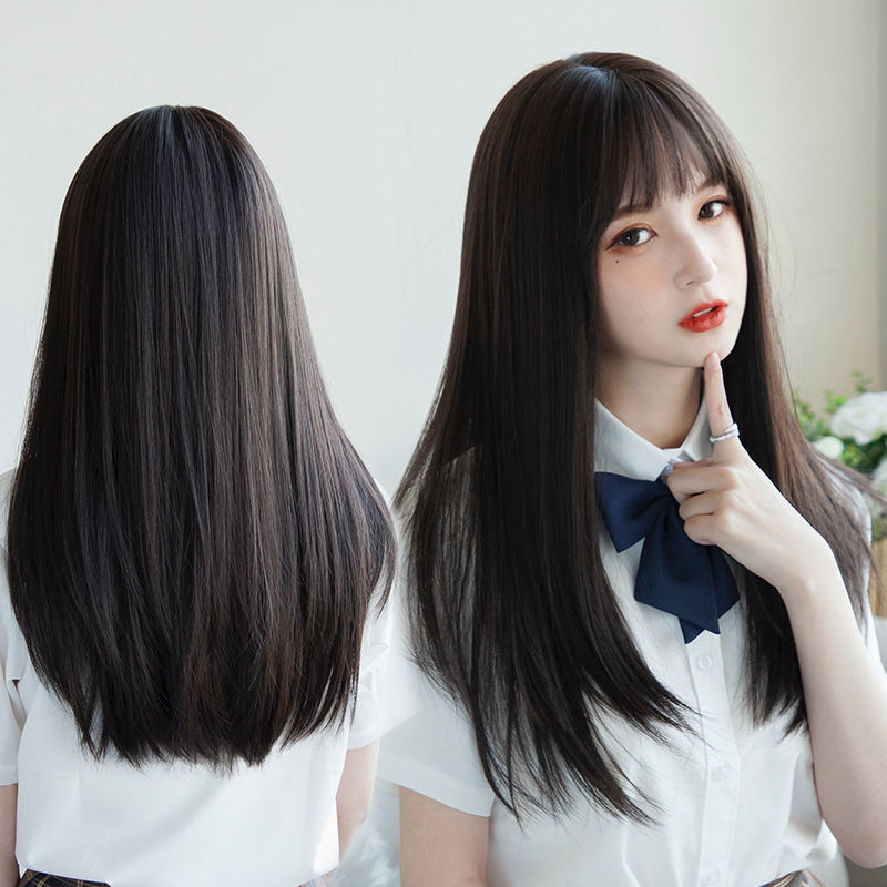 เกาหลีต่อผมสังเคราะห์น่ารัก JK สาวคอสเพลย์ Air Bangs วิกผม Breathable ฝาครอบ 50 ซม.ยาวตรงวิกผมหมวกสําหรับสตรี