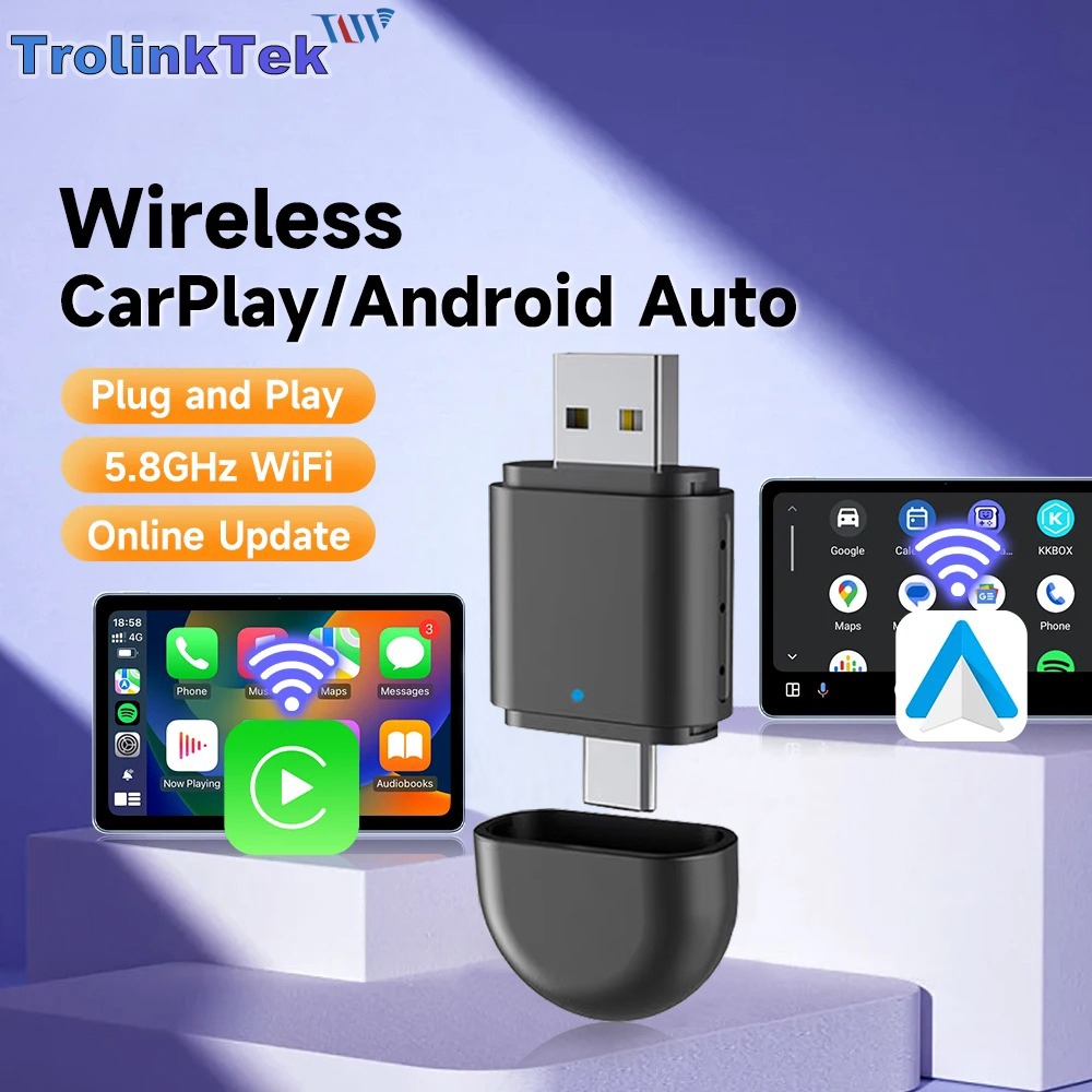 Adapter bezprzewodowy 2w1 CarPlay i Android Auto 2026, podwójny interfejs Type-C/USB, uniwersalny do Smart Mini Box, szybkie połączenie.