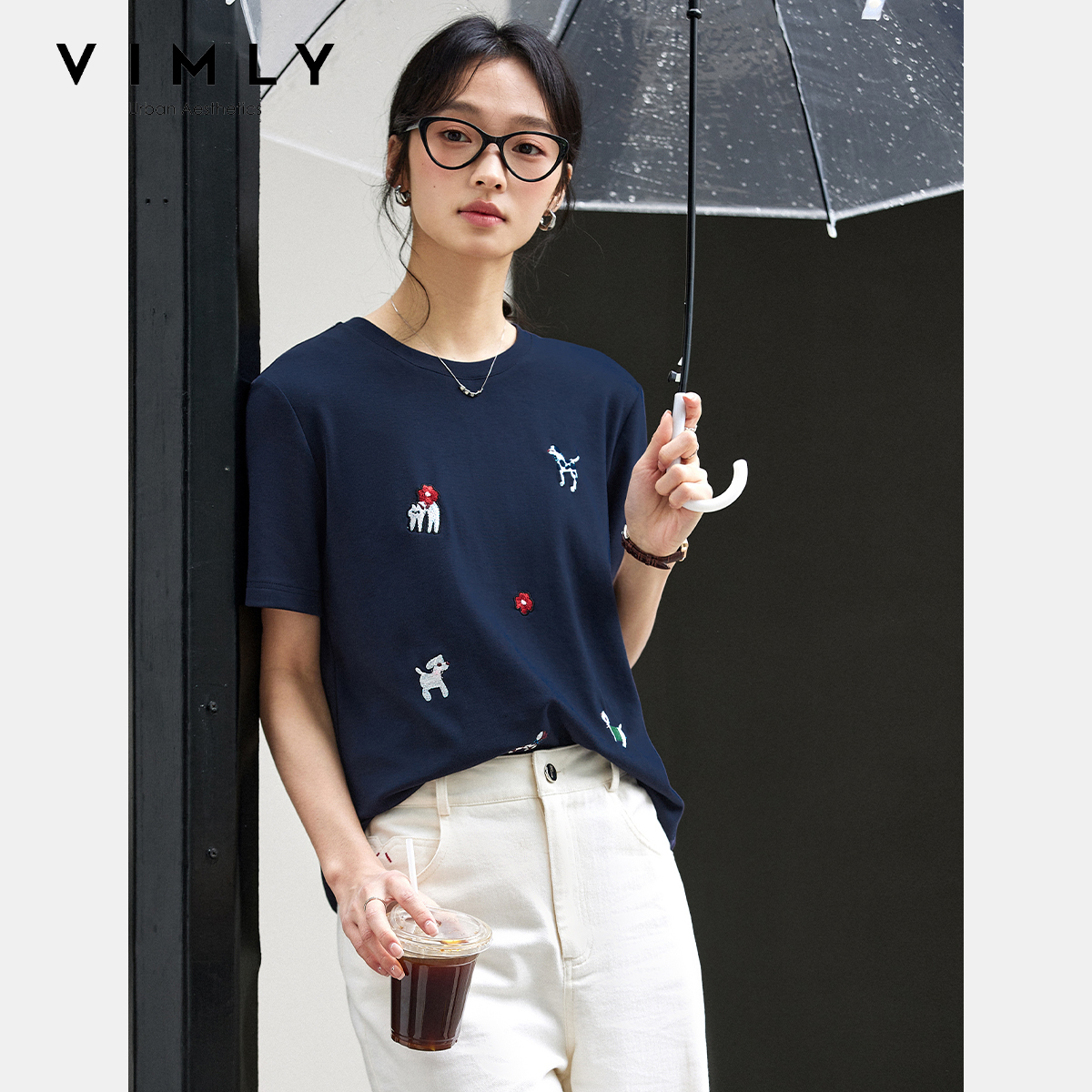 VIMLY Damen Strick-T-Shirt 2026 Sommer Tees Lässige Marineblau Tier Lustige Stickerei Kurzarm-Oberteile für Frauen A1175