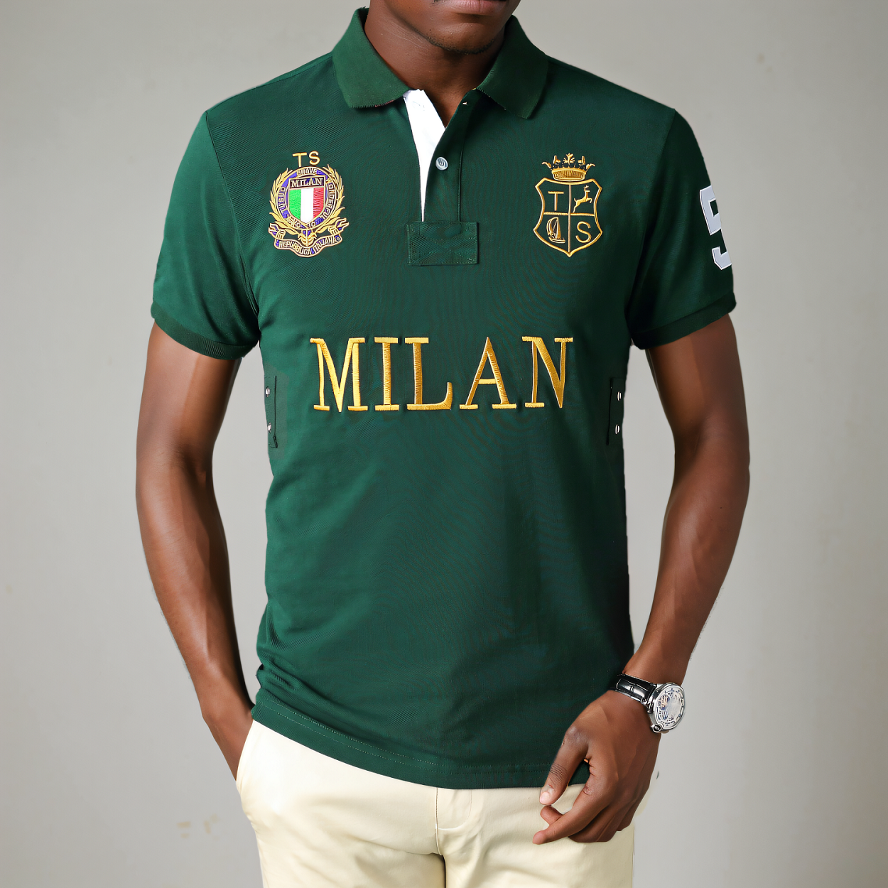 Camisa Polo Masculina de Algodão de Alta Qualidade VERDE ITÁLIA com Símbolo 'MILAN' Bordado, Presente de Ano Novo para Homens